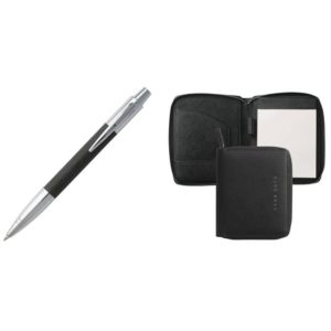 ECRITOIRE A6 SAFIANO NOIR + STYLO HUGO BOSS