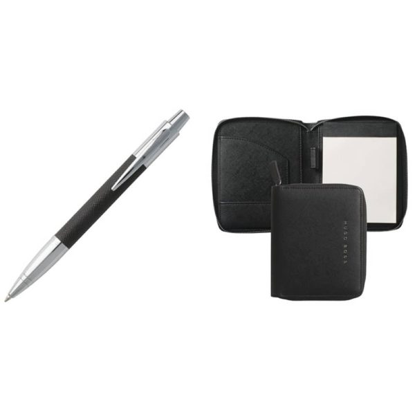 ECRITOIRE A6 SAFIANO NOIR + STYLO HUGO BOSS
